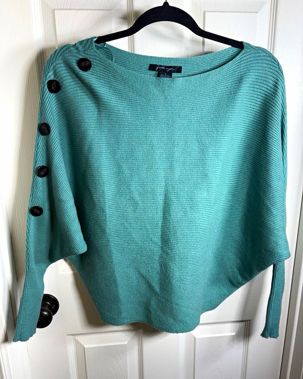 Faith and Joy Knit Boat Neck Button Shoulder Green Dolman Pullover Sweater S